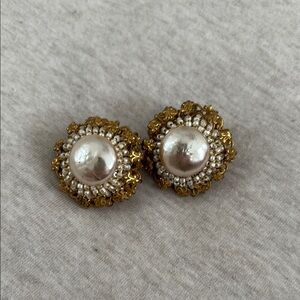 Miriam Haskell Gold and White Pearl Earrings